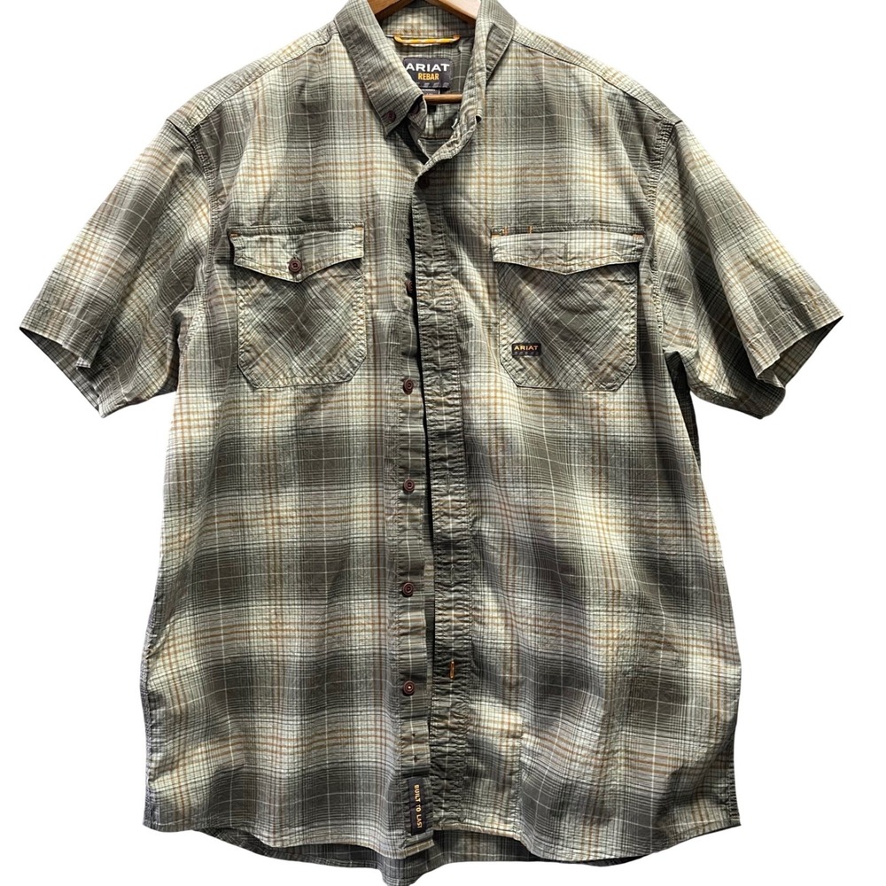 Ariat Rebar Made Tough Shirt Mens XL Grey Plaid‎ Durastr SS Workwear Western